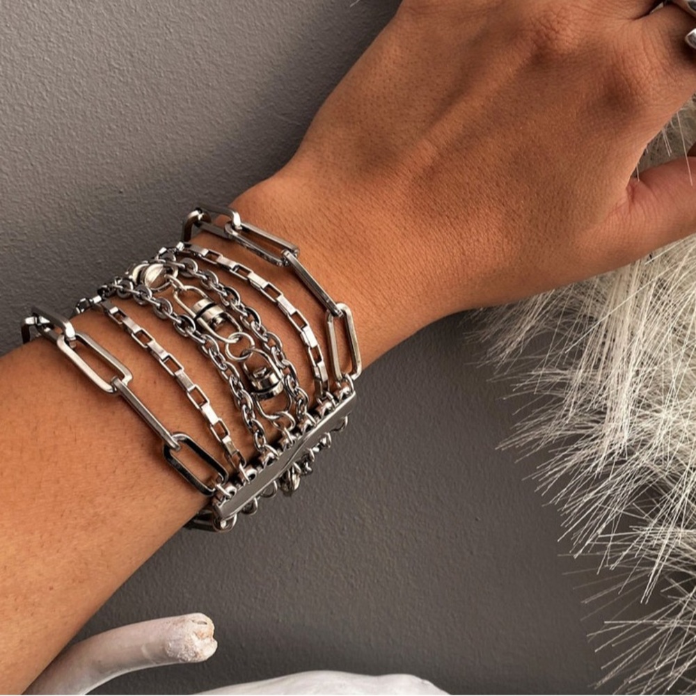 Silver multi chains chunky bracelet multi layered chains rock style bracelet
